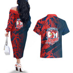 Sydney Roosters Rugby Couples Matching Off The Shoulder Long Sleeve Dress and Hawaiian Shirt Fierce Mascot Geometric Tribal Art