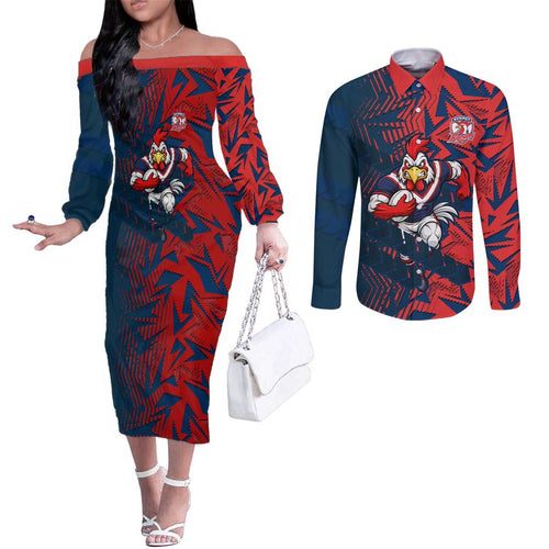 Sydney Roosters Rugby Couples Matching Off The Shoulder Long Sleeve Dress and Long Sleeve Button Shirt Fierce Mascot Geometric Tribal Art