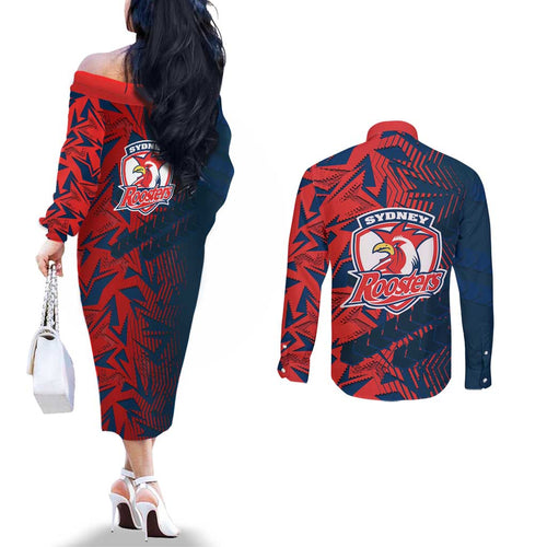 Sydney Roosters Rugby Couples Matching Off The Shoulder Long Sleeve Dress and Long Sleeve Button Shirt Fierce Mascot Geometric Tribal Art