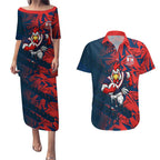 Sydney Roosters Rugby Couples Matching Puletasi and Hawaiian Shirt Fierce Mascot Geometric Tribal Art