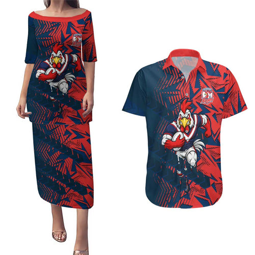 Sydney Roosters Rugby Couples Matching Puletasi and Hawaiian Shirt Fierce Mascot Geometric Tribal Art