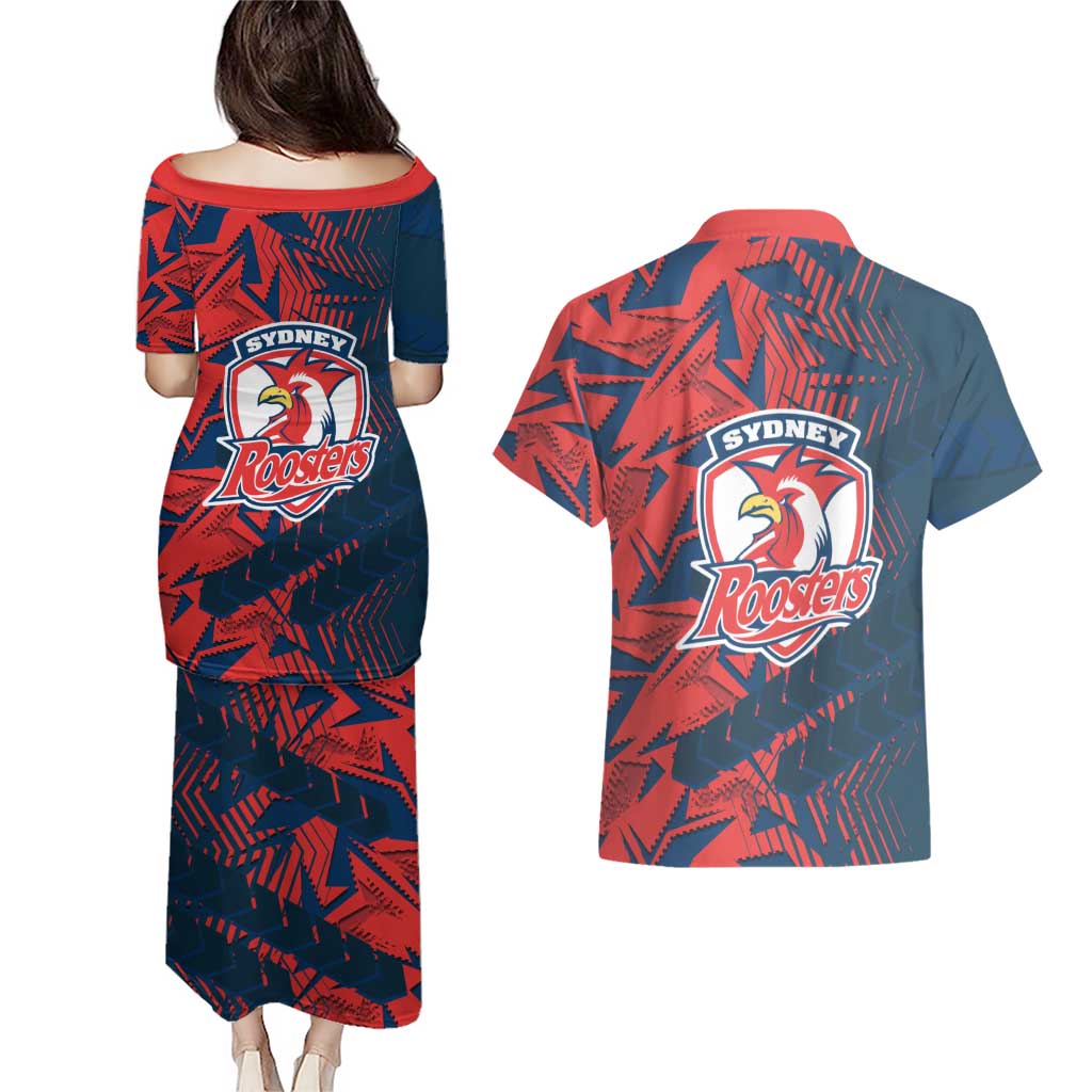 Sydney Roosters Rugby Couples Matching Puletasi and Hawaiian Shirt Fierce Mascot Geometric Tribal Art