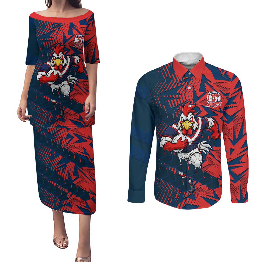 Sydney Roosters Rugby Couples Matching Puletasi and Long Sleeve Button Shirt Fierce Mascot Geometric Tribal Art