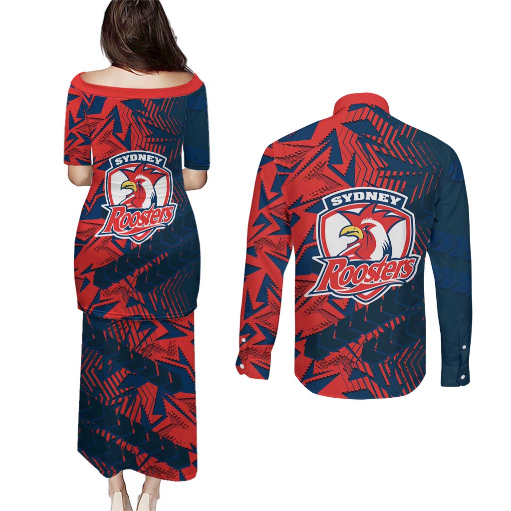 Sydney Roosters Rugby Couples Matching Puletasi and Long Sleeve Button Shirt Fierce Mascot Geometric Tribal Art