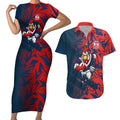 Sydney Roosters Rugby Couples Matching Short Sleeve Bodycon Dress and Hawaiian Shirt Fierce Mascot Geometric Tribal Art