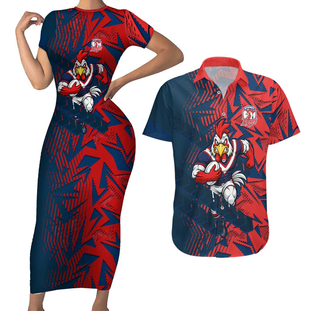 Sydney Roosters Rugby Couples Matching Short Sleeve Bodycon Dress and Hawaiian Shirt Fierce Mascot Geometric Tribal Art