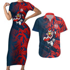 Sydney Roosters Rugby Couples Matching Short Sleeve Bodycon Dress and Hawaiian Shirt Fierce Mascot Geometric Tribal Art