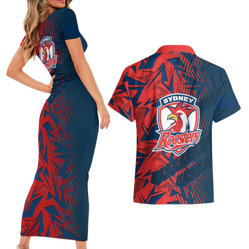 Sydney Roosters Rugby Couples Matching Short Sleeve Bodycon Dress and Hawaiian Shirt Fierce Mascot Geometric Tribal Art