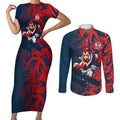 Sydney Roosters Rugby Couples Matching Short Sleeve Bodycon Dress and Long Sleeve Button Shirt Fierce Mascot Geometric Tribal Art