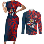 Sydney Roosters Rugby Couples Matching Short Sleeve Bodycon Dress and Long Sleeve Button Shirt Fierce Mascot Geometric Tribal Art