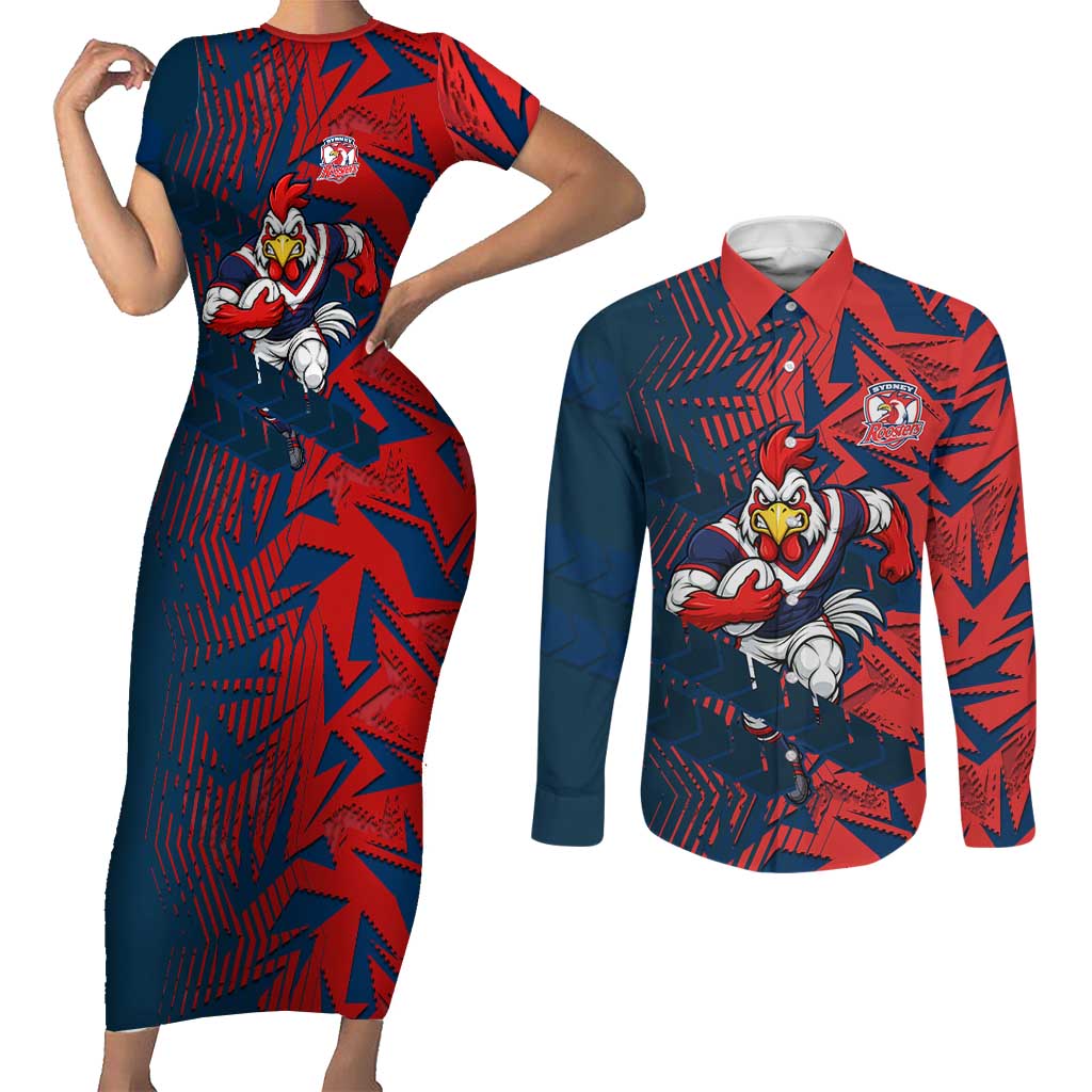 Sydney Roosters Rugby Couples Matching Short Sleeve Bodycon Dress and Long Sleeve Button Shirt Fierce Mascot Geometric Tribal Art