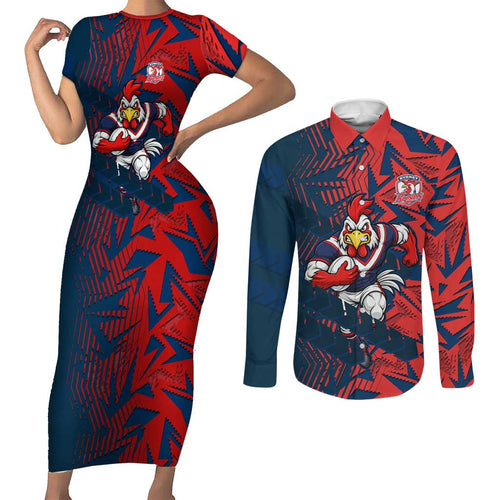Sydney Roosters Rugby Couples Matching Short Sleeve Bodycon Dress and Long Sleeve Button Shirt Fierce Mascot Geometric Tribal Art