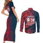 Sydney Roosters Rugby Couples Matching Short Sleeve Bodycon Dress and Long Sleeve Button Shirt Fierce Mascot Geometric Tribal Art