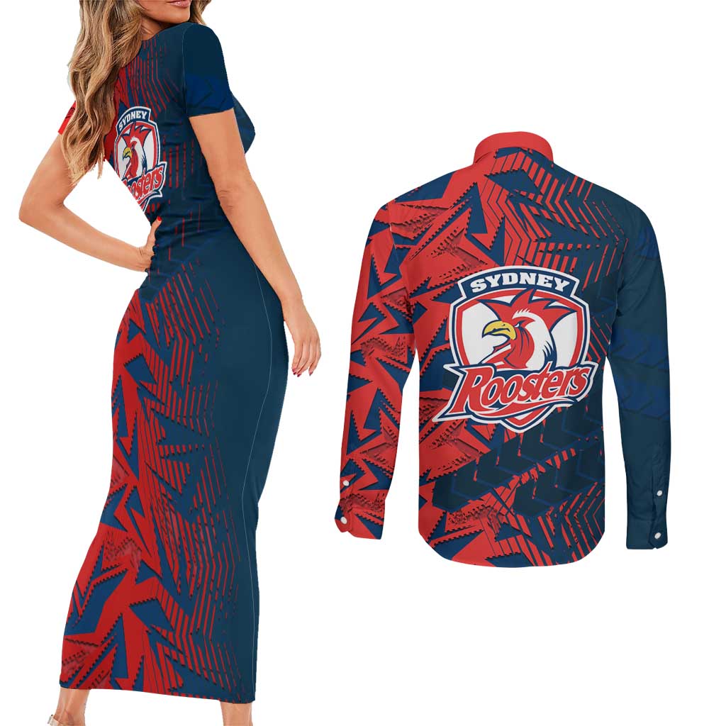 Sydney Roosters Rugby Couples Matching Short Sleeve Bodycon Dress and Long Sleeve Button Shirt Fierce Mascot Geometric Tribal Art