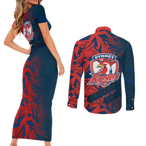 Sydney Roosters Rugby Couples Matching Short Sleeve Bodycon Dress and Long Sleeve Button Shirt Fierce Mascot Geometric Tribal Art