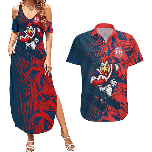 Sydney Roosters Rugby Couples Matching Summer Maxi Dress and Hawaiian Shirt Fierce Mascot Geometric Tribal Art