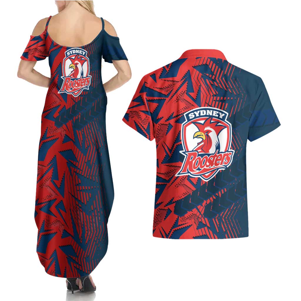 Sydney Roosters Rugby Couples Matching Summer Maxi Dress and Hawaiian Shirt Fierce Mascot Geometric Tribal Art