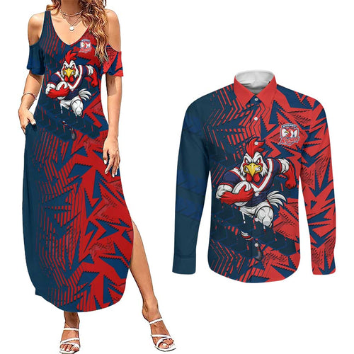 Sydney Roosters Rugby Couples Matching Summer Maxi Dress and Long Sleeve Button Shirt Fierce Mascot Geometric Tribal Art