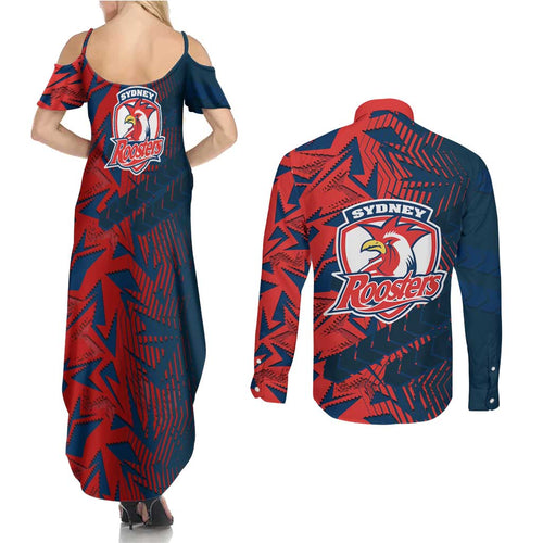 Sydney Roosters Rugby Couples Matching Summer Maxi Dress and Long Sleeve Button Shirt Fierce Mascot Geometric Tribal Art
