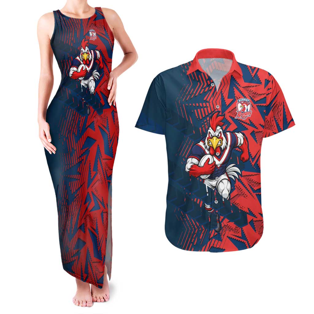 Sydney Roosters Rugby Couples Matching Tank Maxi Dress and Hawaiian Shirt Fierce Mascot Geometric Tribal Art