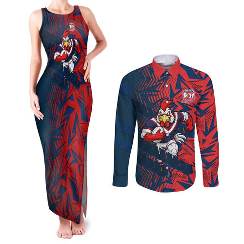 Sydney Roosters Rugby Couples Matching Tank Maxi Dress and Long Sleeve Button Shirt Fierce Mascot Geometric Tribal Art
