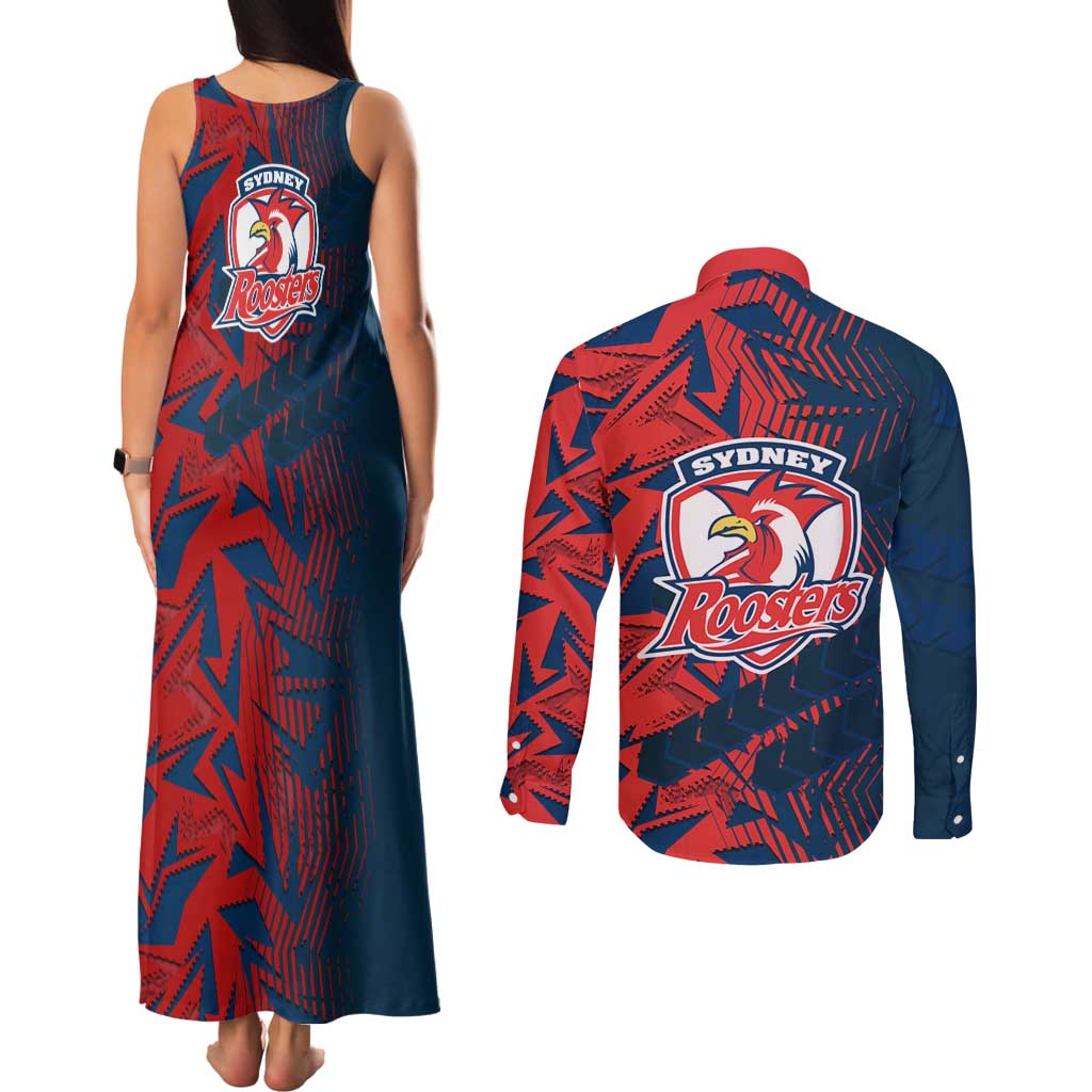 Sydney Roosters Rugby Couples Matching Tank Maxi Dress and Long Sleeve Button Shirt Fierce Mascot Geometric Tribal Art