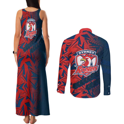 Sydney Roosters Rugby Couples Matching Tank Maxi Dress and Long Sleeve Button Shirt Fierce Mascot Geometric Tribal Art