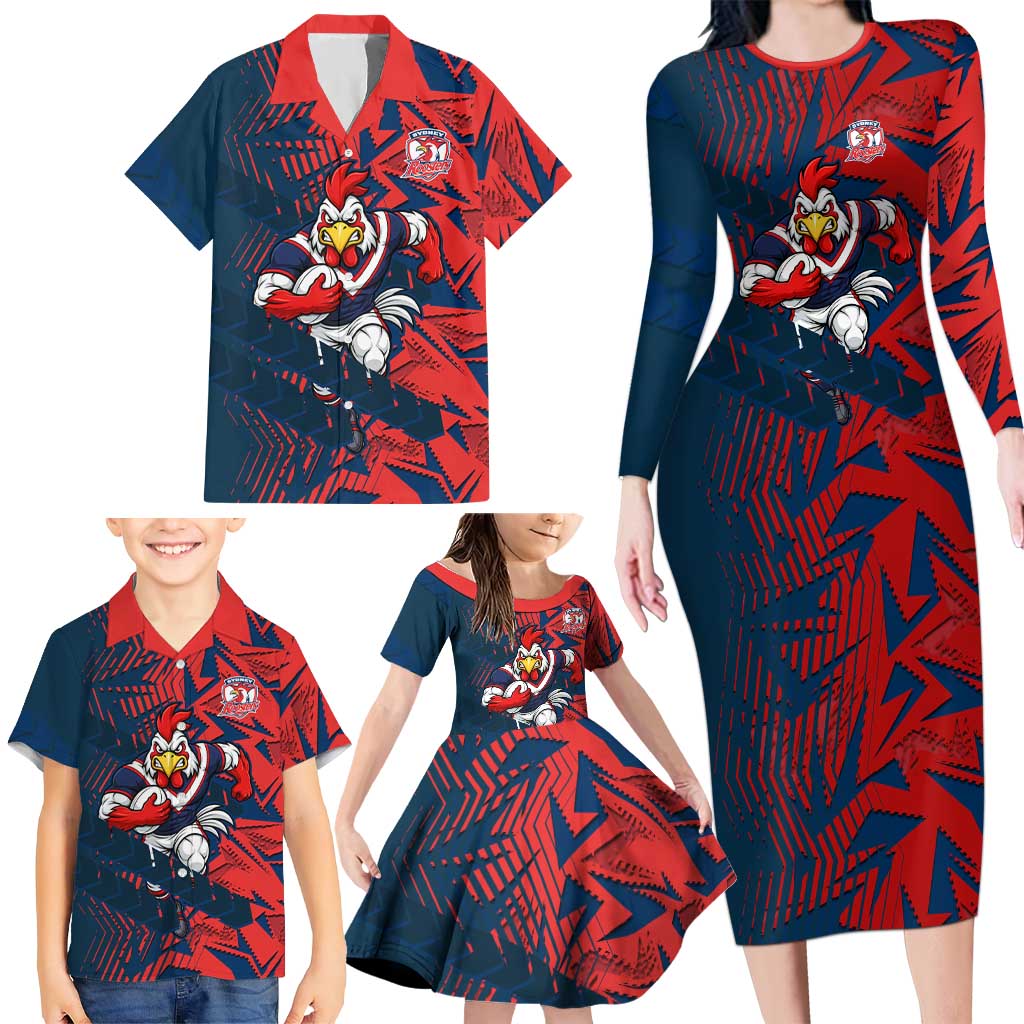 Sydney Roosters Rugby Family Matching Long Sleeve Bodycon Dress and Hawaiian Shirt Fierce Mascot Geometric Tribal Art
