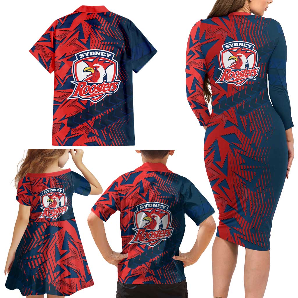 Sydney Roosters Rugby Family Matching Long Sleeve Bodycon Dress and Hawaiian Shirt Fierce Mascot Geometric Tribal Art