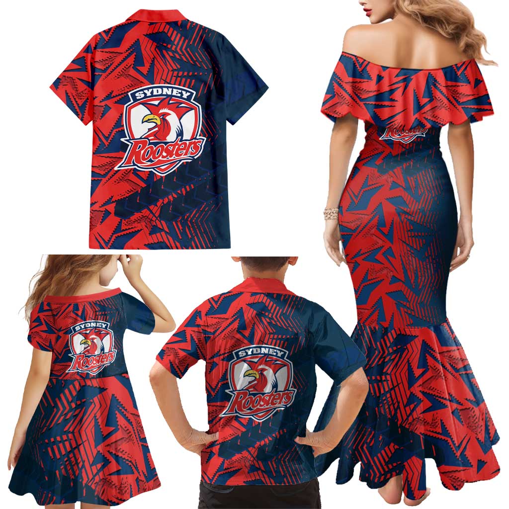 Sydney Roosters Rugby Family Matching Mermaid Dress and Hawaiian Shirt Fierce Mascot Geometric Tribal Art