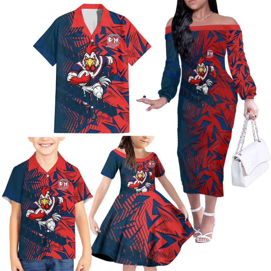 Sydney Roosters Rugby Family Matching Off The Shoulder Long Sleeve Dress and Hawaiian Shirt Fierce Mascot Geometric Tribal Art