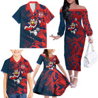 Sydney Roosters Rugby Family Matching Off The Shoulder Long Sleeve Dress and Hawaiian Shirt Fierce Mascot Geometric Tribal Art