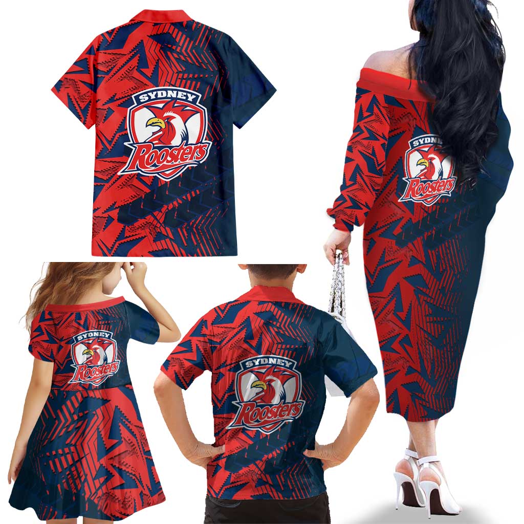 Sydney Roosters Rugby Family Matching Off The Shoulder Long Sleeve Dress and Hawaiian Shirt Fierce Mascot Geometric Tribal Art
