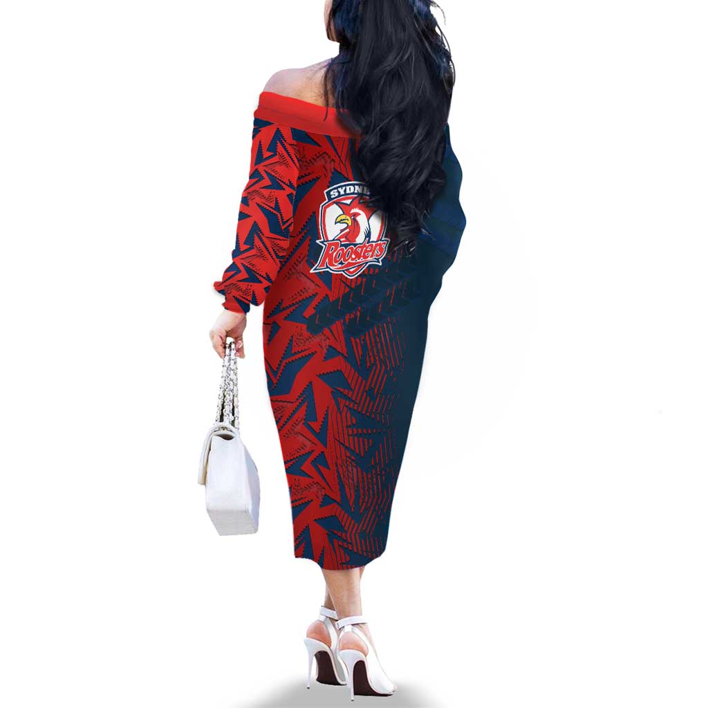 Sydney Roosters Rugby Family Matching Off The Shoulder Long Sleeve Dress and Hawaiian Shirt Fierce Mascot Geometric Tribal Art