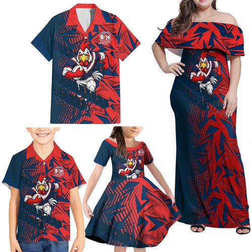 Sydney Roosters Rugby Family Matching Off Shoulder Maxi Dress and Hawaiian Shirt Fierce Mascot Geometric Tribal Art