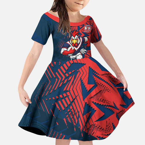Sydney Roosters Rugby Family Matching Off Shoulder Maxi Dress and Hawaiian Shirt Fierce Mascot Geometric Tribal Art