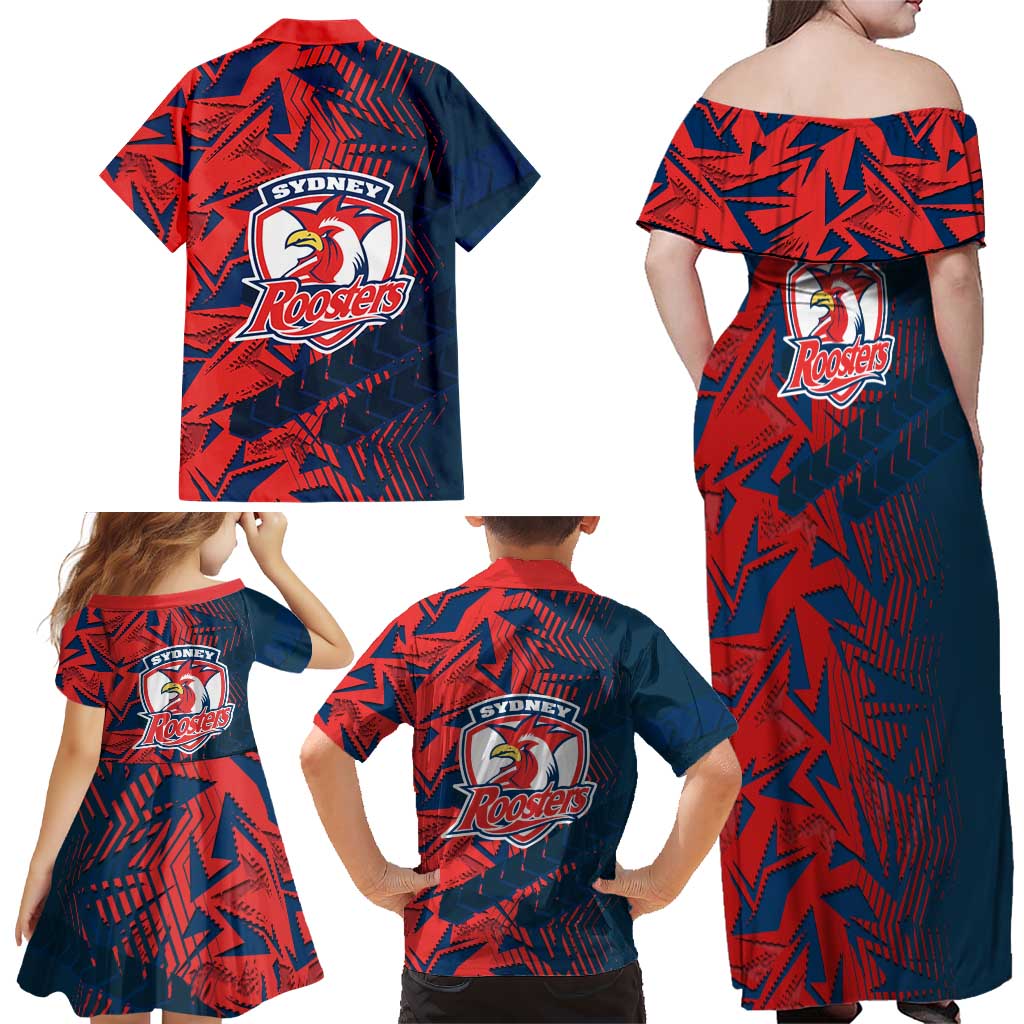 Sydney Roosters Rugby Family Matching Off Shoulder Maxi Dress and Hawaiian Shirt Fierce Mascot Geometric Tribal Art