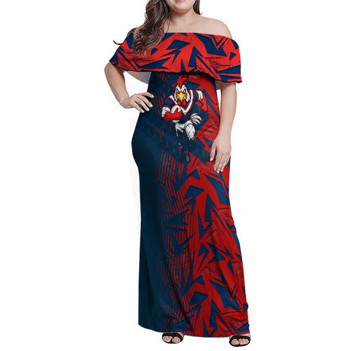 Sydney Roosters Rugby Family Matching Off Shoulder Maxi Dress and Hawaiian Shirt Fierce Mascot Geometric Tribal Art