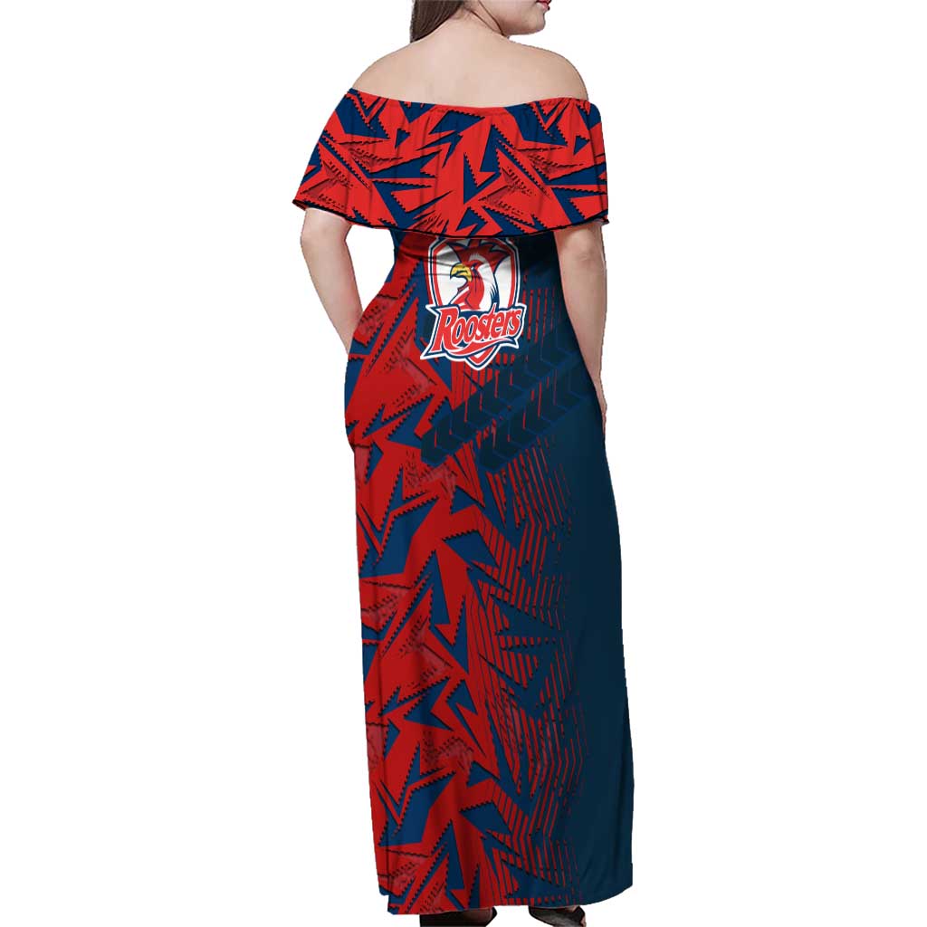 Sydney Roosters Rugby Family Matching Off Shoulder Maxi Dress and Hawaiian Shirt Fierce Mascot Geometric Tribal Art