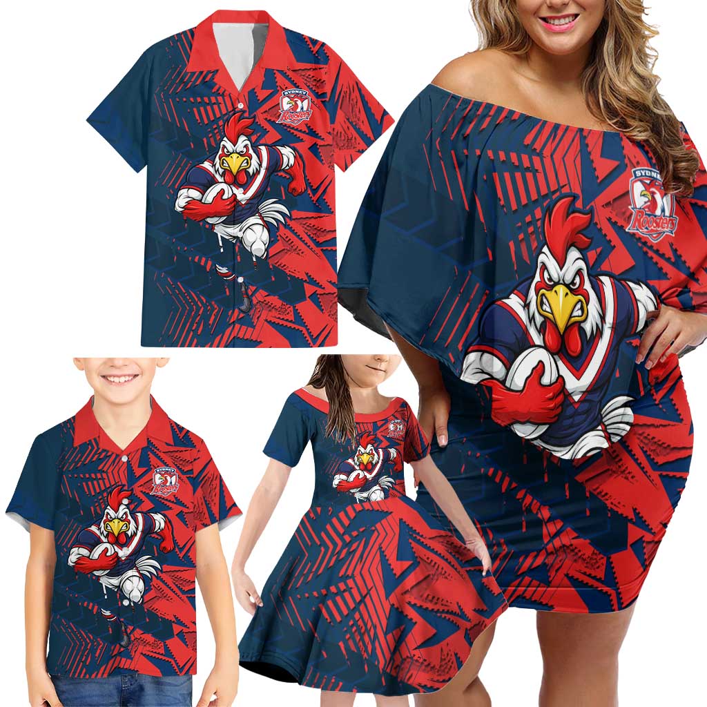 Sydney Roosters Rugby Family Matching Off Shoulder Short Dress and Hawaiian Shirt Fierce Mascot Geometric Tribal Art