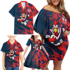 Sydney Roosters Rugby Family Matching Off Shoulder Short Dress and Hawaiian Shirt Fierce Mascot Geometric Tribal Art