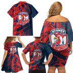 Sydney Roosters Rugby Family Matching Off Shoulder Short Dress and Hawaiian Shirt Fierce Mascot Geometric Tribal Art