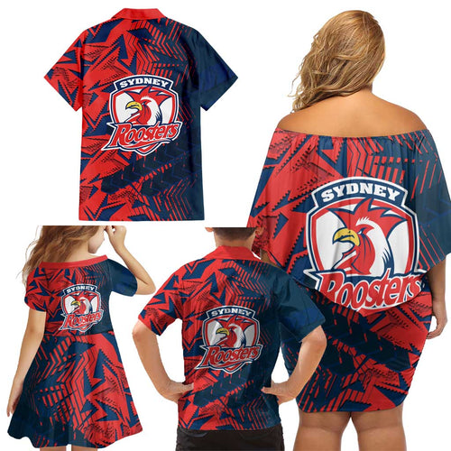 Sydney Roosters Rugby Family Matching Off Shoulder Short Dress and Hawaiian Shirt Fierce Mascot Geometric Tribal Art