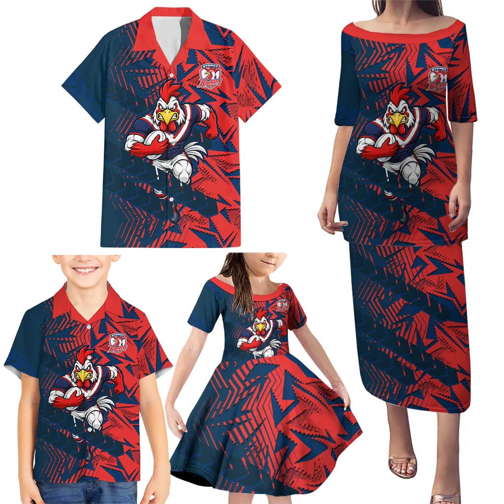 Sydney Roosters Rugby Family Matching Puletasi and Hawaiian Shirt Fierce Mascot Geometric Tribal Art