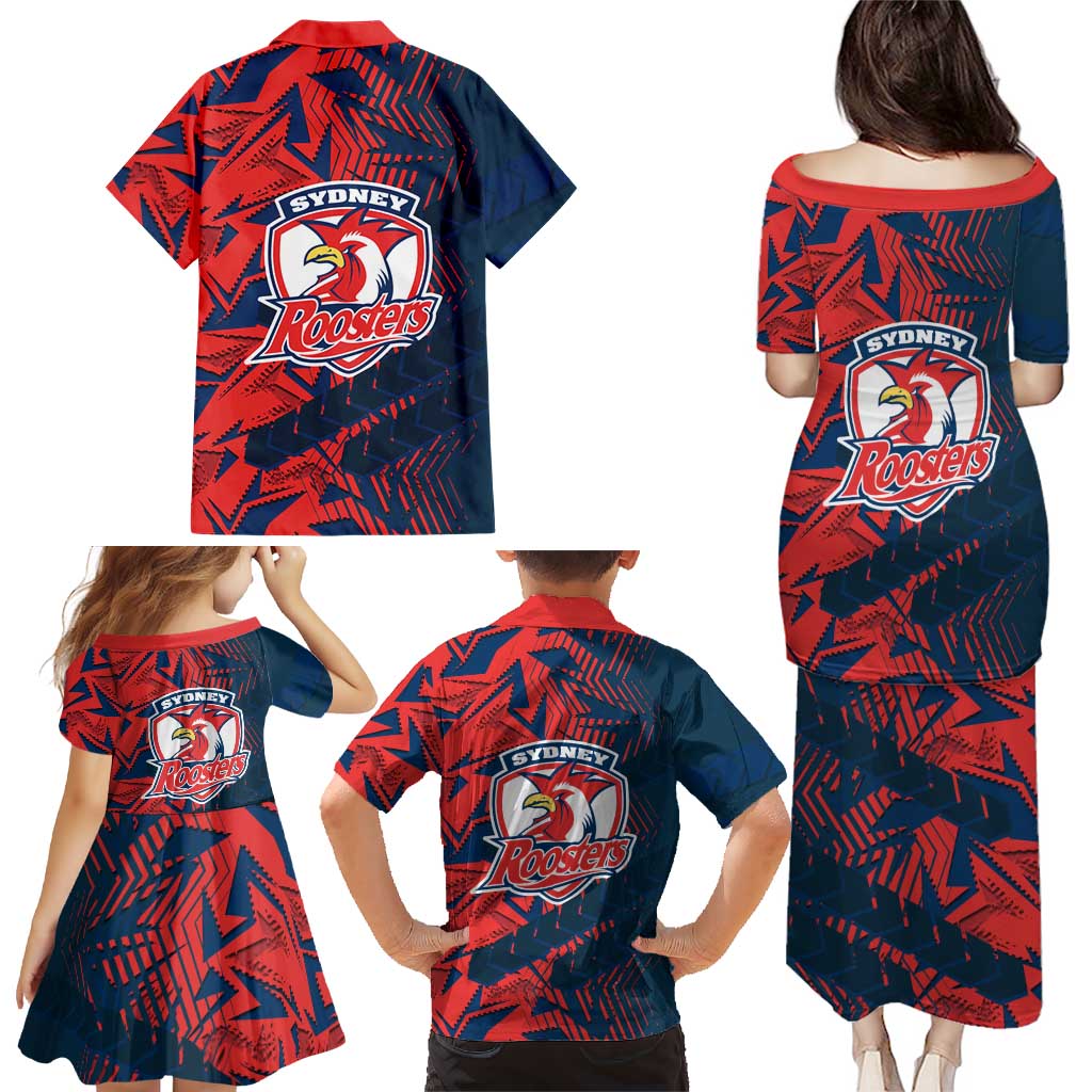 Sydney Roosters Rugby Family Matching Puletasi and Hawaiian Shirt Fierce Mascot Geometric Tribal Art