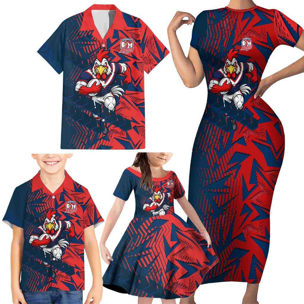 Sydney Roosters Rugby Family Matching Short Sleeve Bodycon Dress and Hawaiian Shirt Fierce Mascot Geometric Tribal Art
