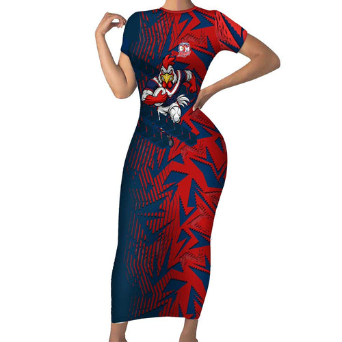 Sydney Roosters Rugby Family Matching Short Sleeve Bodycon Dress and Hawaiian Shirt Fierce Mascot Geometric Tribal Art