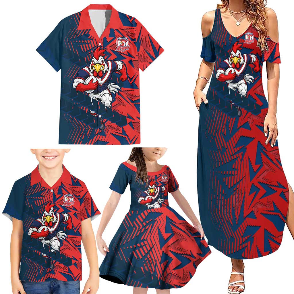 Sydney Roosters Rugby Family Matching Summer Maxi Dress and Hawaiian Shirt Fierce Mascot Geometric Tribal Art