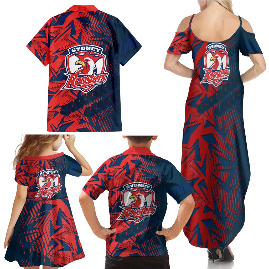 Sydney Roosters Rugby Family Matching Summer Maxi Dress and Hawaiian Shirt Fierce Mascot Geometric Tribal Art