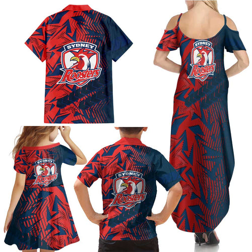 Sydney Roosters Rugby Family Matching Summer Maxi Dress and Hawaiian Shirt Fierce Mascot Geometric Tribal Art